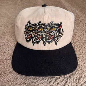 Stylish Corduroy Beige and Black Panther Embroidered Cap